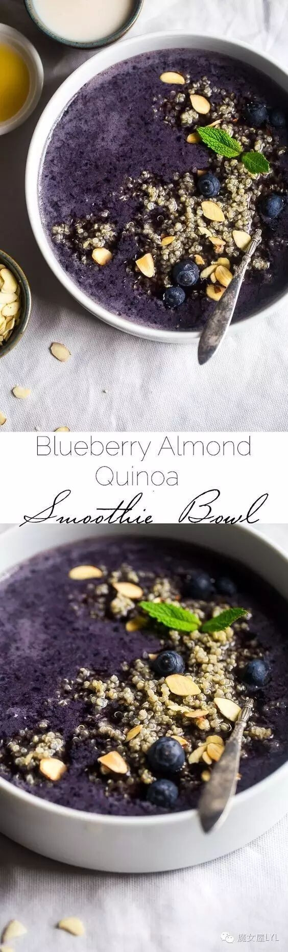4杯冷冻蓝莓
1/4杯蜂蜜1杯藜麦1/8杯杏仁微风杏仁牛奶加一点蜂蜜香草1/2杯钻石片杏仁，蓝色烤
