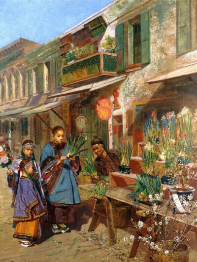 《旧金山唐人街的新年花市》A New Year flower market in San Francisco's Chinatown
西奥多·沃尔斯( Theodore Wores）
1881年；尺寸未知；画布油画