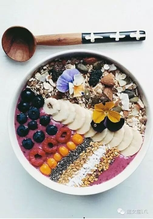 将Bananasblack CurrantsBlueberriesacaiGreek酸奶与什锦早餐、切片香蕉、奇亚籽、浆果、亚麻籽、椰子和蜂蜜或蜂花粉混合。