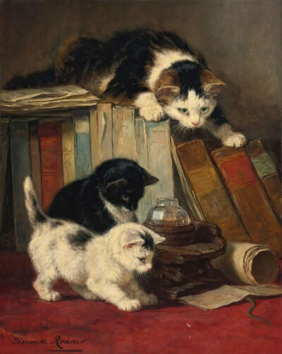 《书本上的猫咪》Cats on book
亨列特·隆纳·克尼普（Henriette Ronner-Knip）
1903年；尺寸未知；画布油画