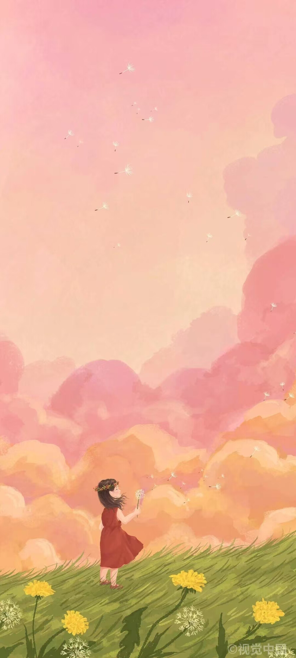 壁纸 温柔粉色 小女孩吹蒲公英
