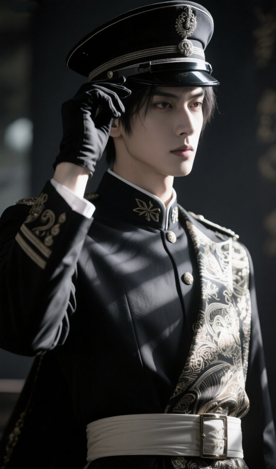 他身着精致制服，帽上徽章闪耀，眼神坚定，尽显英武风采。