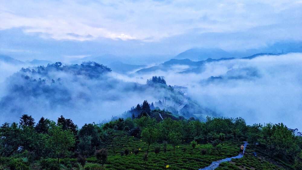 云消雾散：脚踏龙顶观景，远望隐约可视四季海农庄。