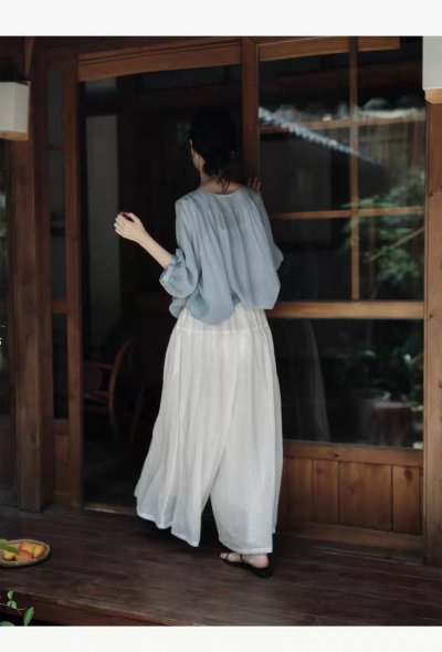说与山听「月白」100高支苎麻花苞阔腿裙裤松紧腰日系风女夏 