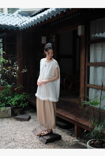 说与山听「半芍」100%亚麻小衫 圆领小飞袖松弛感日系风女夏 