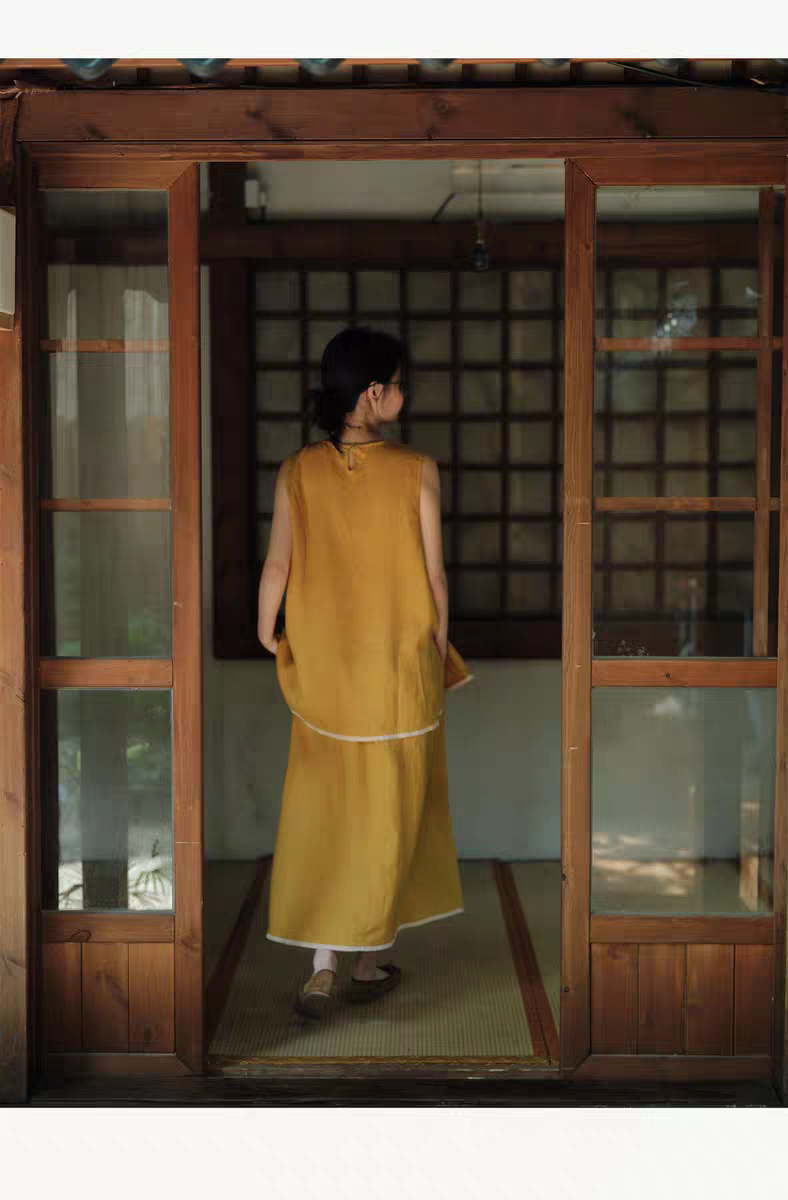 说与山听「黄昏晓」黄色亚麻松弛套装上衣半身裙日系风格女夏