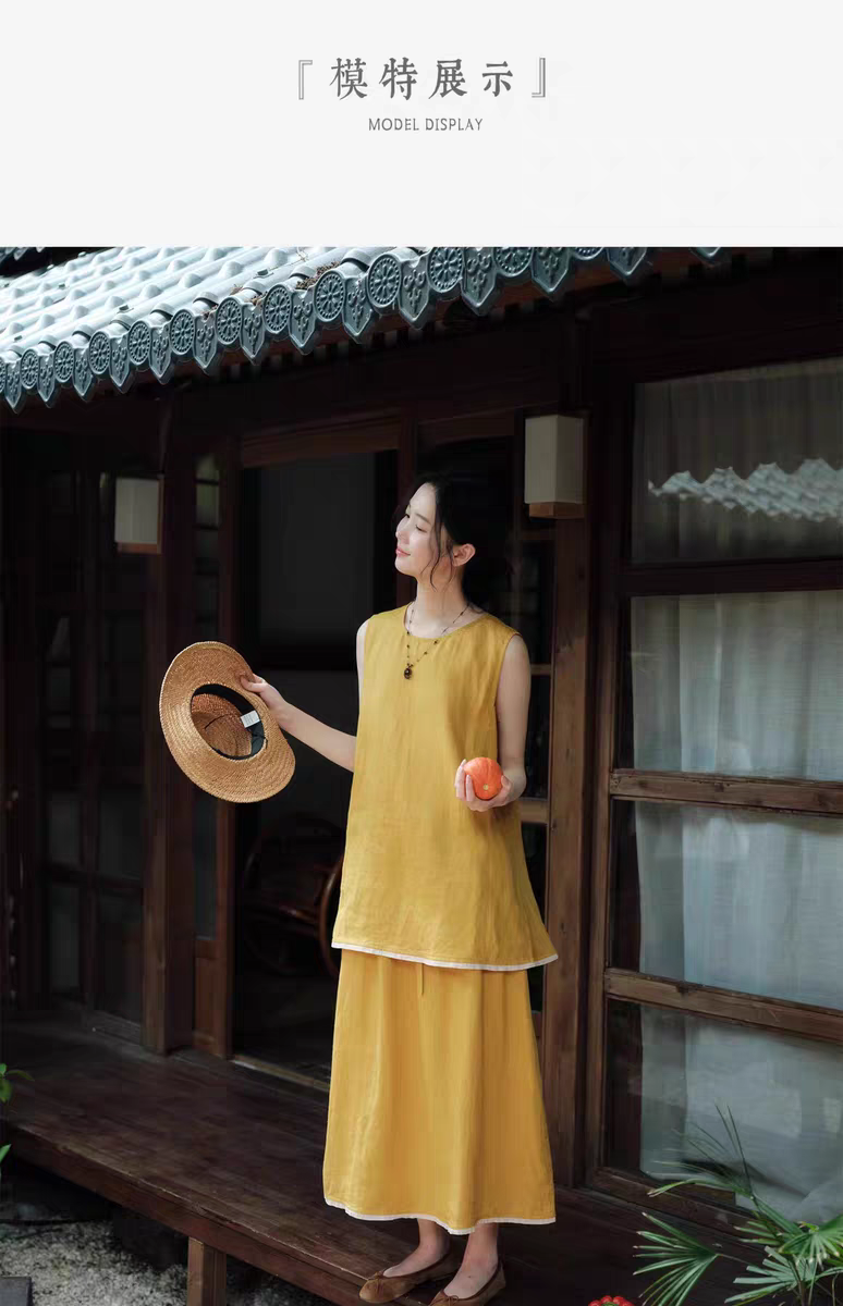 说与山听「黄昏晓」黄色亚麻松弛套装上衣半身裙日系风格女夏