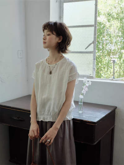 说与山听「三重奏」100%苎麻圆领衬衫/拼接对丝/日系小衫女夏