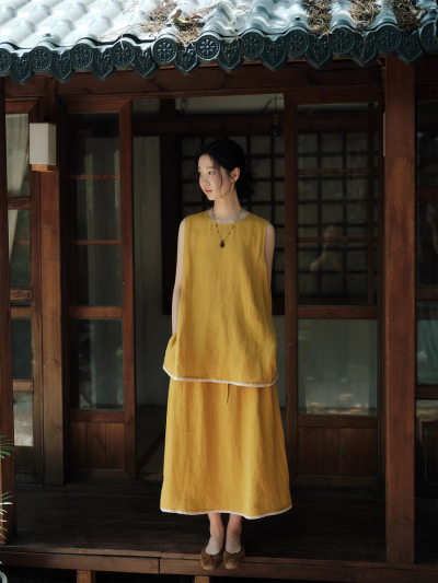 说与山听「黄昏晓」黄色亚麻松弛套装上衣半身裙日系风格女夏