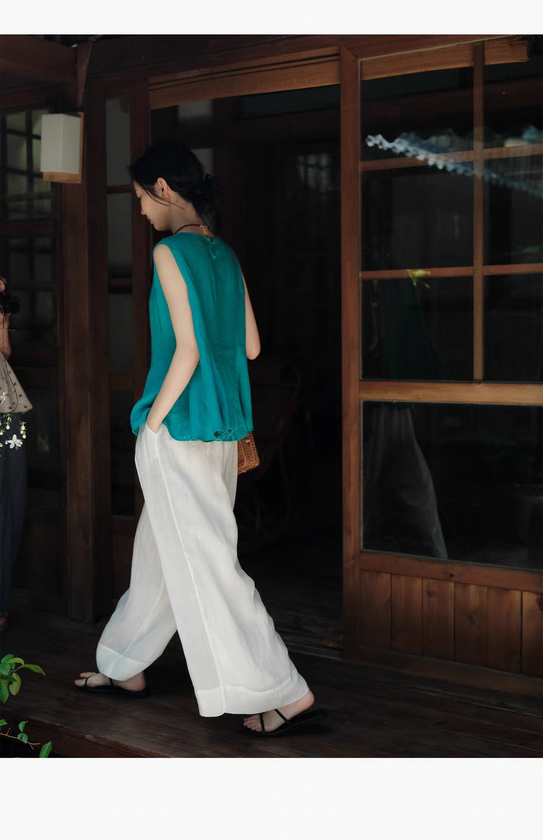 说与山听「荷叶衫」两色亚麻衫8块裁片背心无袖上衣日系女夏 