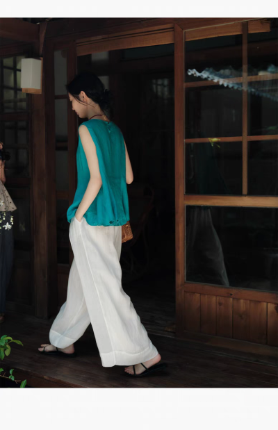 说与山听「荷叶衫」两色亚麻衫8块裁片背心无袖上衣日系女夏 
