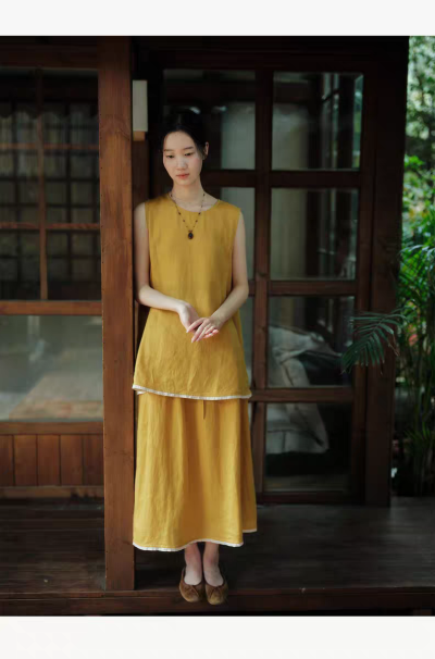说与山听「黄昏晓」黄色亚麻松弛套装上衣半身裙日系风格女夏