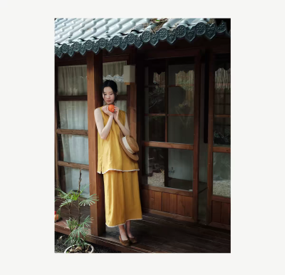 说与山听「黄昏晓」黄色亚麻松弛套装上衣半身裙日系风格女夏