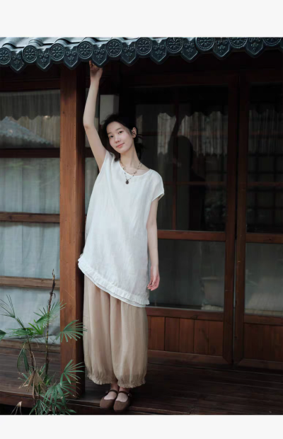 说与山听「半芍」100%亚麻小衫 圆领小飞袖松弛感日系风女夏 