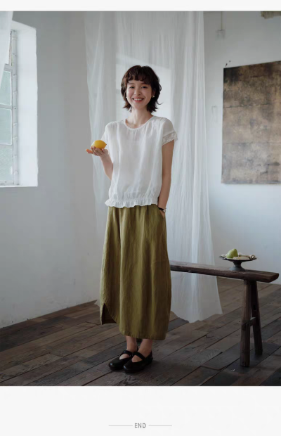 说与山听「三重奏」100%苎麻圆领衬衫/拼接对丝/日系小衫女夏