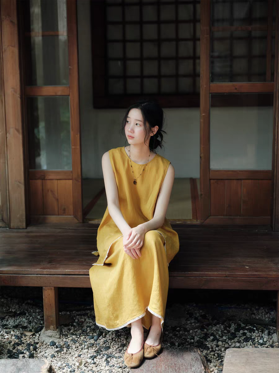 说与山听「黄昏晓」黄色亚麻松弛套装上衣半身裙日系风格女夏