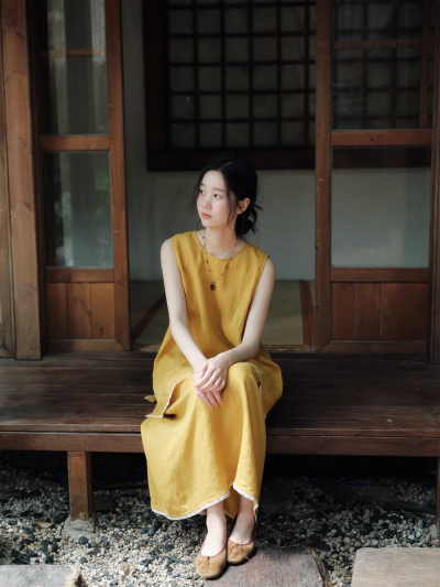 说与山听「黄昏晓」黄色亚麻松弛套装上衣半身裙日系风格女夏