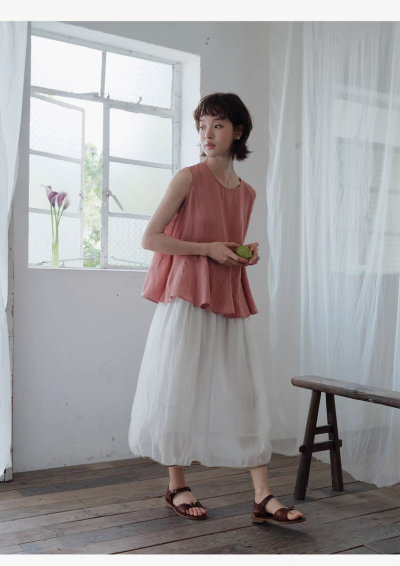 说与山听「荷叶衫」两色亚麻衫8块裁片背心无袖上衣日系女夏 