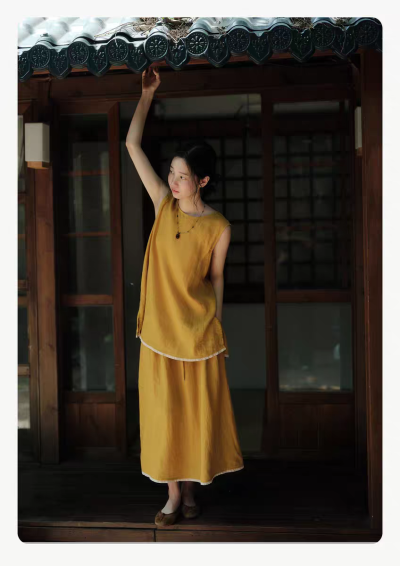 说与山听「黄昏晓」黄色亚麻松弛套装上衣半身裙日系风格女夏