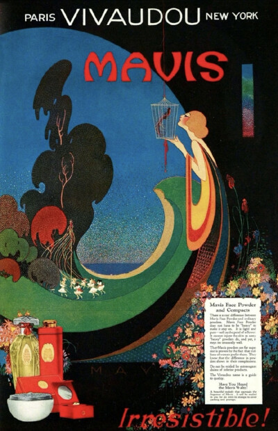 这些是1920年代的Mavis彩妆及香水广告插画，设计上深受当时“装饰艺术（Art Deco）”风格的影响，以几何线条、鲜明色彩和奢华元素为特点，展现女性解放与摩登魅力。这一时期的广告常采用优雅的曲线构图、金属光泽和…