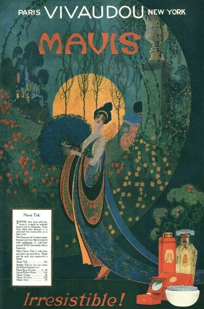 这些是1920年代的Mavis彩妆及香水广告插画，设计上深受当时“装饰艺术（Art Deco）”风格的影响，以几何线条、鲜明色彩和奢华元素为特点，展现女性解放与摩登魅力。这一时期的广告常采用优雅的曲线构图、金属光泽和…