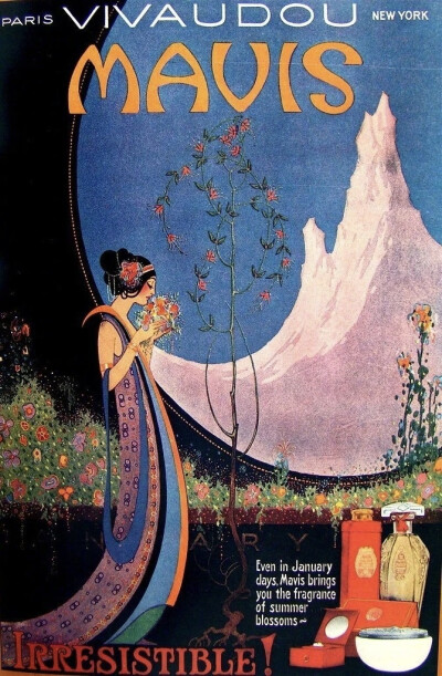 这些是1920年代的Mavis彩妆及香水广告插画，设计上深受当时“装饰艺术（Art Deco）”风格的影响，以几何线条、鲜明色彩和奢华元素为特点，展现女性解放与摩登魅力。这一时期的广告常采用优雅的曲线构图、金属光泽和…
