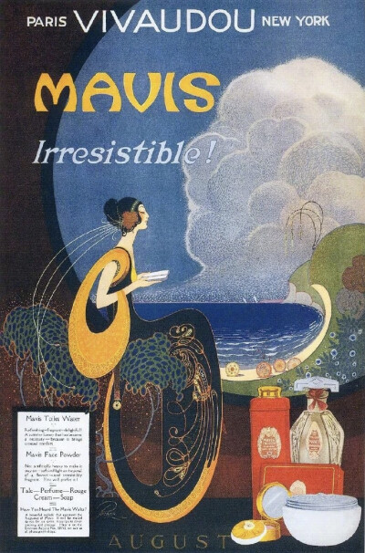 这些是1920年代的Mavis彩妆及香水广告插画，设计上深受当时“装饰艺术（Art Deco）”风格的影响，以几何线条、鲜明色彩和奢华元素为特点，展现女性解放与摩登魅力。这一时期的广告常采用优雅的曲线构图、金属光泽和…