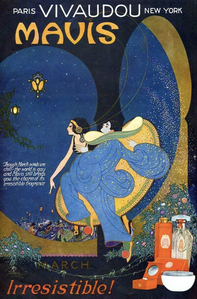 这些是1920年代的Mavis彩妆及香水广告插画，设计上深受当时“装饰艺术（Art Deco）”风格的影响，以几何线条、鲜明色彩和奢华元素为特点，展现女性解放与摩登魅力。这一时期的广告常采用优雅的曲线构图、金属光泽和…