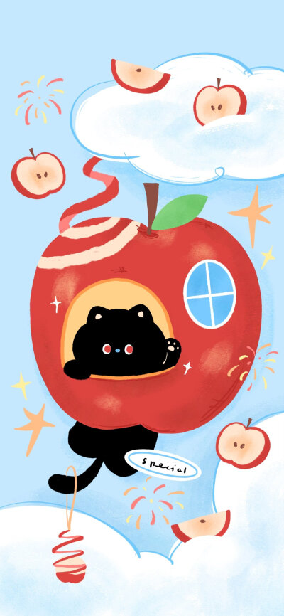 治愈系苹果猫猫插画壁纸