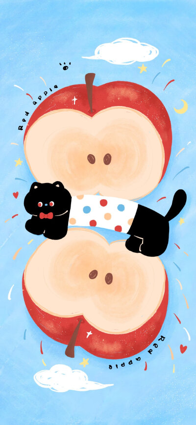 治愈系苹果猫猫插画壁纸