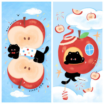 治愈系苹果猫猫插画壁纸