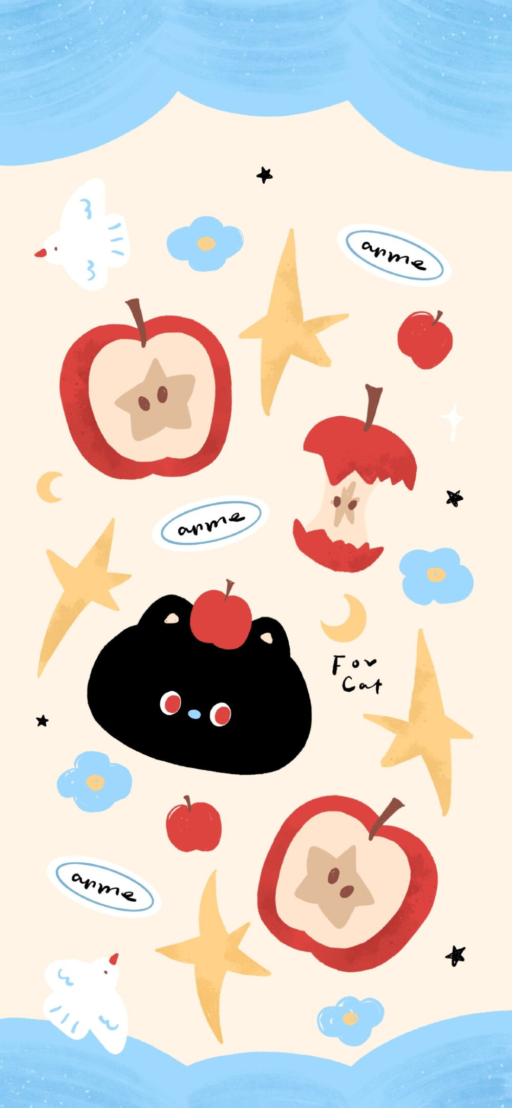 治愈系苹果猫猫插画壁纸
