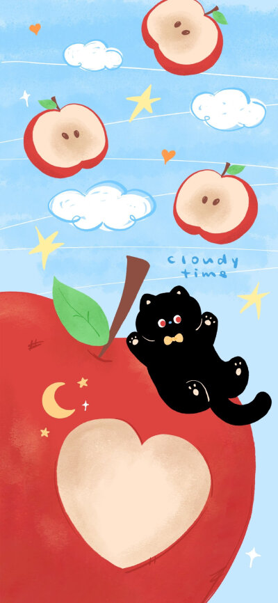 治愈系苹果猫猫插画壁纸