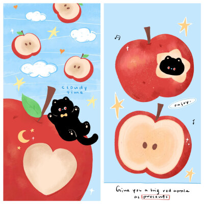 治愈系苹果猫猫插画壁纸