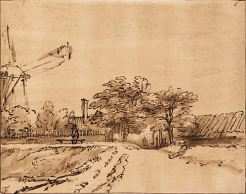 《阿姆斯特丹圣安东尼普特城门旁壁垒附近的壁垒》
作者：伦勃朗·哈蒙（荷兰）创作时间：1660年媒介：钢笔和棕色墨水（素描）尺寸：14 x 17cm