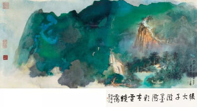 《春天的山》
作者：张大千（中国）创作时间：1981年媒介：悬挂卷轴；纸上的墨水和颜色（国画）尺寸：57 x 127cm