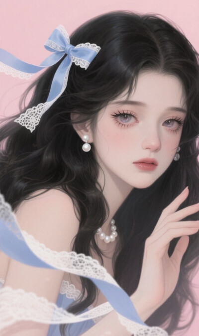 AI插画 蓝丝带少女