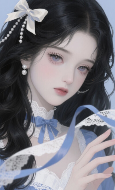 AI插画 蓝丝带少女