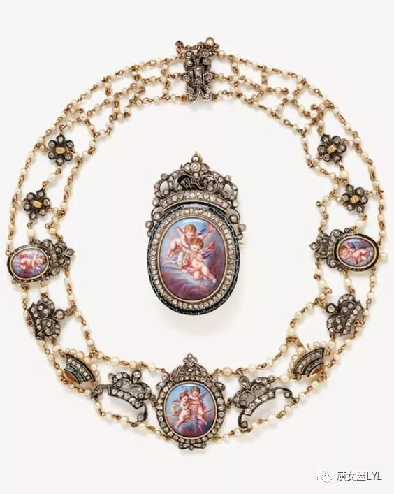 A VICTORIAN SILVER, ENAMEL, DIAMOND, RIVER PEARL AND PROCELAIN MINIATURE DEMI PARURE, J. PARKES, LONDON, 1890-1900