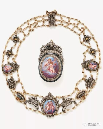 A VICTORIAN SILVER, ENAMEL, DIAMOND, RIVER PEARL AND PROCELAIN MINIATURE DEMI PARURE, J. PARKES, LONDON, 1890-1900