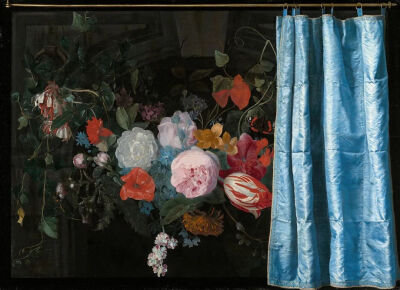 《Trompe-l’Oeil Still Life with a Flower Garland and a Curtain_饰有花环与帷幔的错视静物画》
阿德里安·范·德·斯佩尔特（Adriaen van der Spelt，荷兰）
1658年 | 面板油画 | 46.5 x 63.9 cm | 巴洛克风格-静…