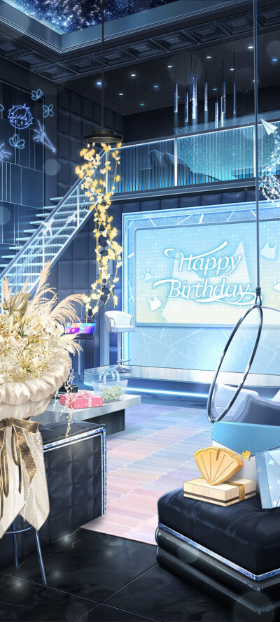 《恋与制作人》白起生日场景布置
图源《恋与制作人》：【人间攘攘】——2025年白起生日庆典活动剧情截图