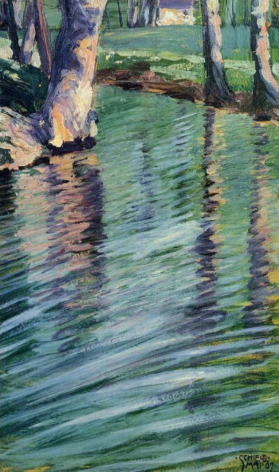 《Trees Mirrored in a Pond_倒映在池塘里的树木》
1907年，纸板油画，私人收藏