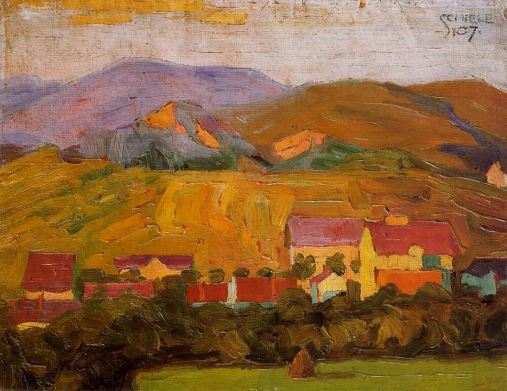 《Village with Mountains_有山的村庄》1907年，布面油画，21.7 x 28 cm，私人收藏