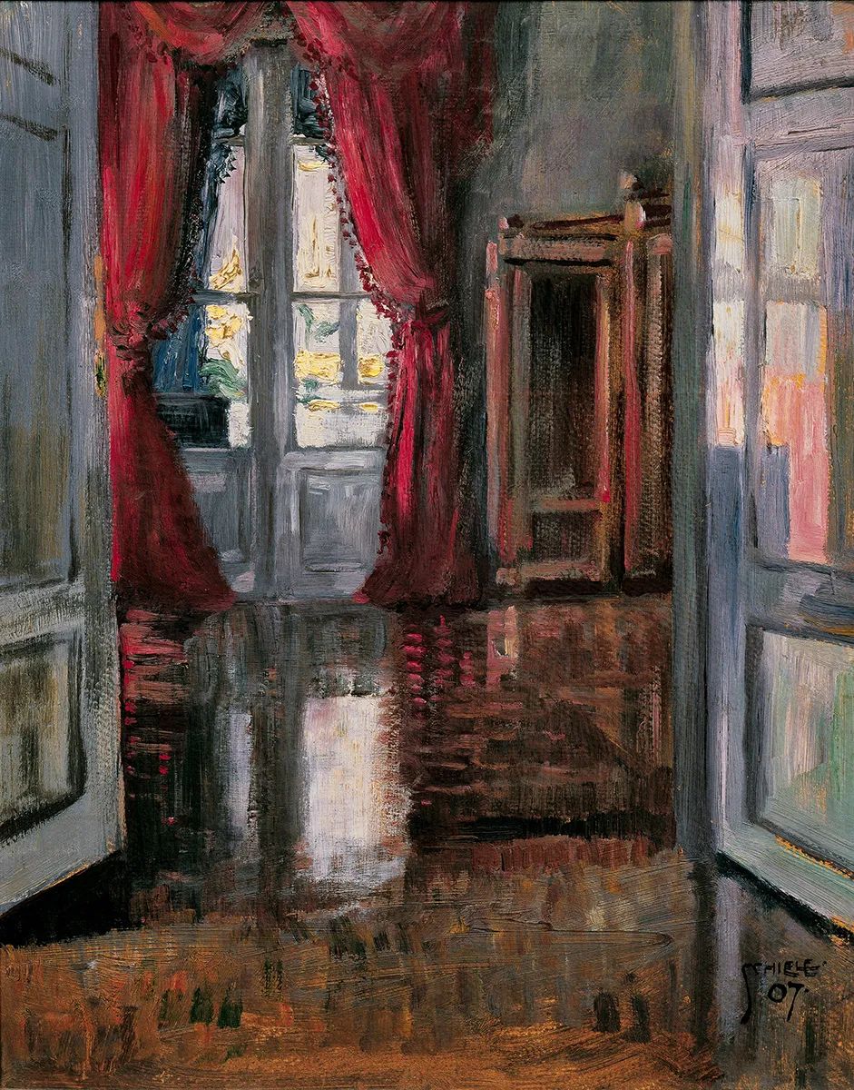 《Blick in die Wohnung von Leopold und Marie Czihaczek_利奥波德和玛丽·齐哈切克公寓景观》
1907年，纸板油画，39.1 x 31.2 cm
奥地利-维也纳贝尔维迪尔宫收藏