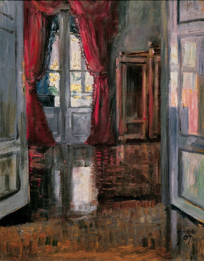 《Blick in die Wohnung von Leopold und Marie Czihaczek_利奥波德和玛丽·齐哈切克公寓景观》
1907年，纸板油画，39.1 x 31.2 cm
奥地利-维也纳贝尔维迪尔宫收藏