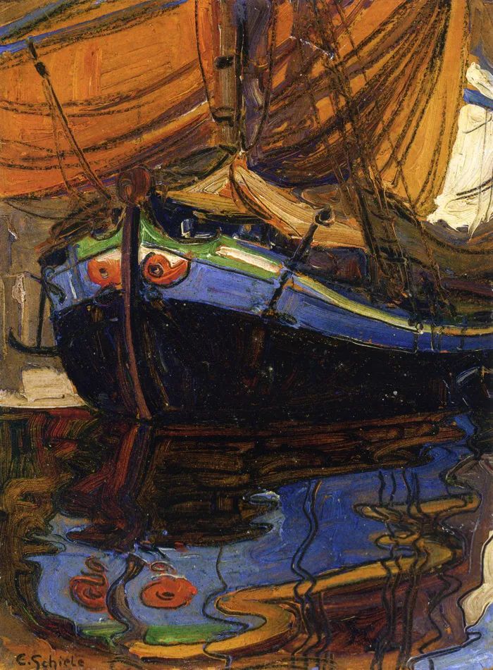 《Sailing Boat with Reflection in the Water_水中倒影的帆船》
1908年，纸板油画，24.1 x 17.8 cm，私人收藏