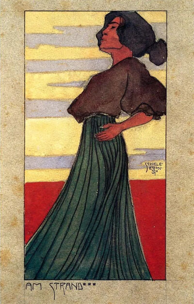 《On the Beach, Moonlight_在月光下的海滩上》
1907年，纸上水彩画，20.4 x 11.38 cm，私人收藏