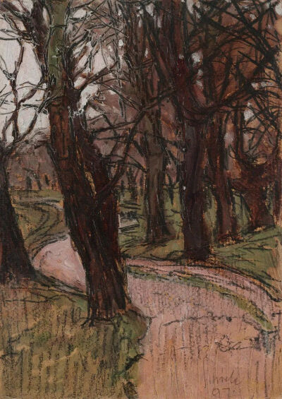《Woods in Autumn_秋天的树林》1907年，纸板油画，25 x 17.3 cm奥地利-维也纳利奥波德博物馆收藏
