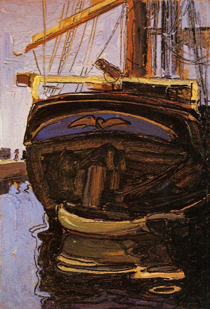 《Sailing Ship with Dinghy_带小艇的帆船》1908年，纸板油画，私人收藏